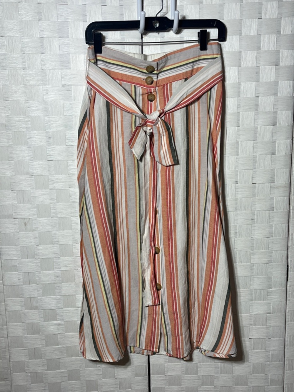 a new day Cream Striped Tie-Waist Midi Skirt with Rust & Olive Stripes Size M